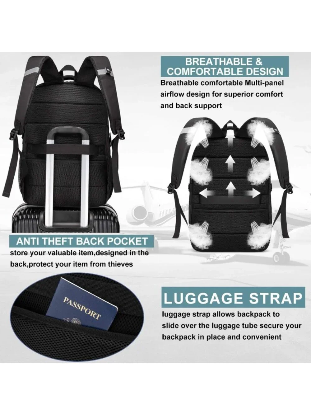 Water Resistant Extra Large 50L Travel Laptop Backpack with USB Port